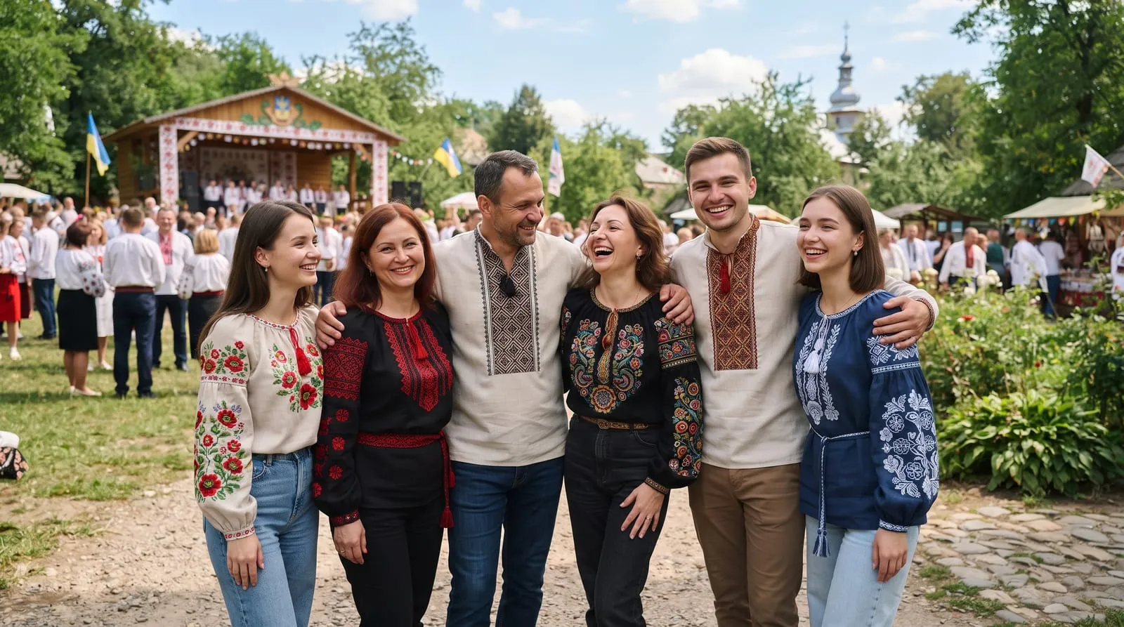 Люди у різних українських вишиванках разом на святкуванні Дня вишиванки