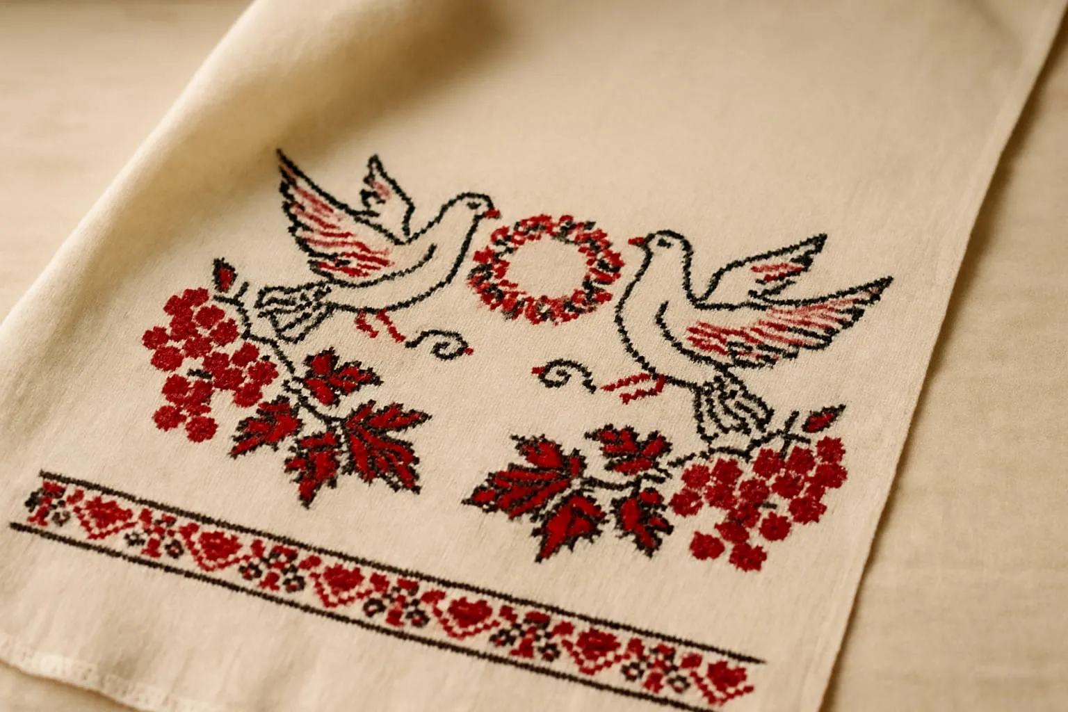 Весільний рушник з вишитими голубами, вінком і калиною — червоно-чорна вишивка