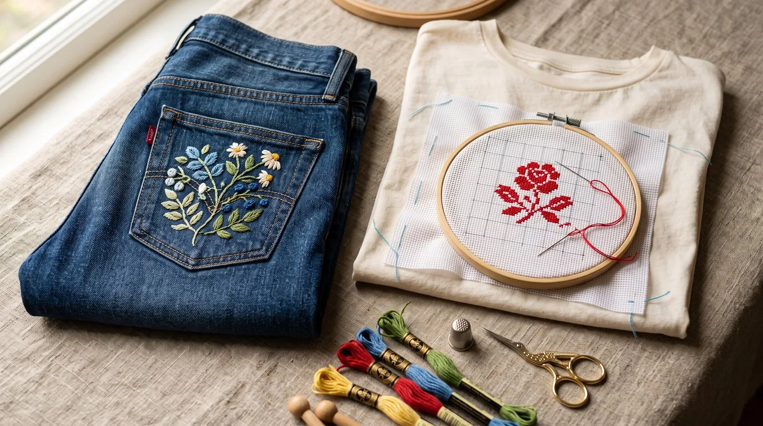 Вишивка на готовому одязі: квітковий мотив на кишені джинсів і накладна канва на футболці